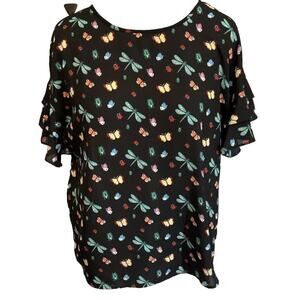 Como Vintage Short Ruffled Sleeve Pullover Black Print Casual Top Shirt XL